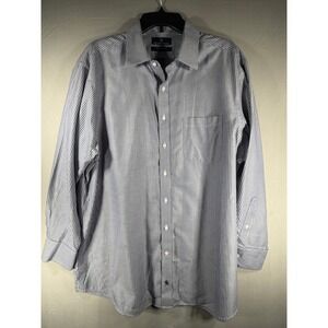 Hart Schaffner Marx Mens 17.5 33 Blue White Herringbone Stripe Pima Cotton Shirt